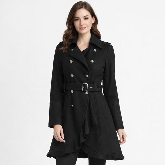 Guess Jackets & Blazers - GUESS Black Wool Double Breasted Peacoat with Ruffle Size M